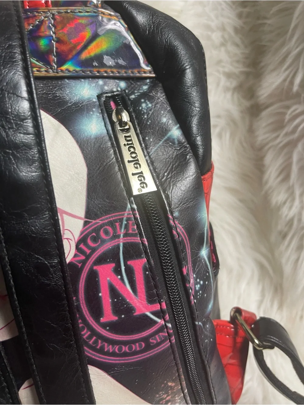 Nicole Lee Black Holographic Flap Starlet Illustration  small Backpack.